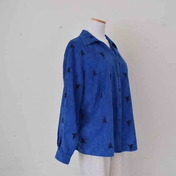 Plus size Vintage 90s Blue‎ Polyester Embroidered Shirt size 1X - Picture 6 of 10